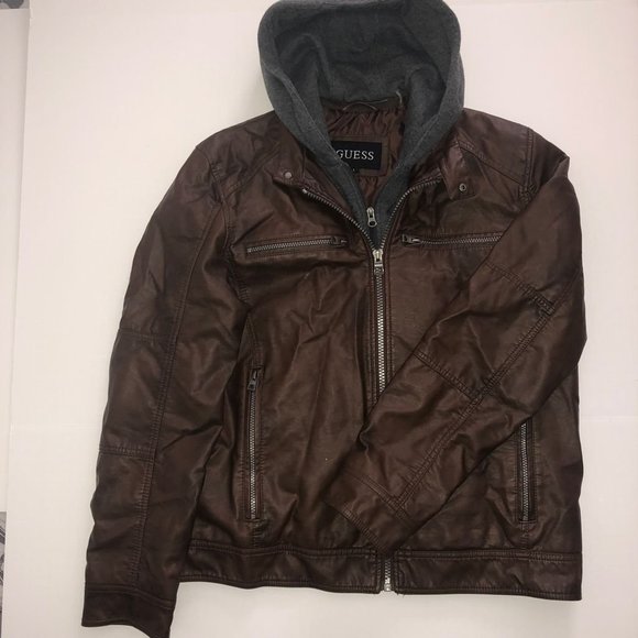 GUESS Men's Faux Leather Hooded Moto Jacket Size L - Picture 3 of 6